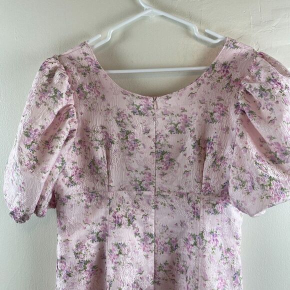 Hyacinth House Tuckernuck Pink Jacquard Empire Ella Mini Dress Sz M? Puff Sleeve - Picture 6 of 14
